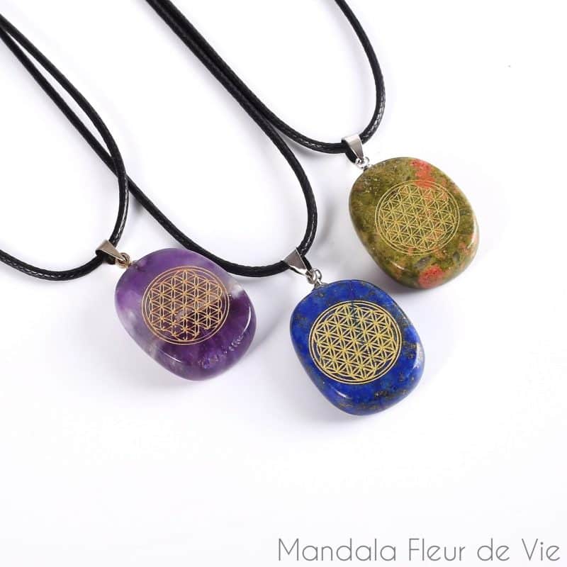 Pendentif Fleur de Vie en Pierre Naturelle Amethyste mandala fleur de vie 2