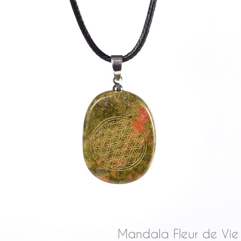 Pendentif Fleur de Vie en Pierre Naturelle Unakite mandala fleur de vie 7