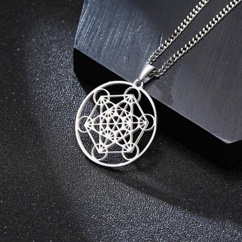 Pendentif Metatron Acier couleur argent mandala fleur de vie 3