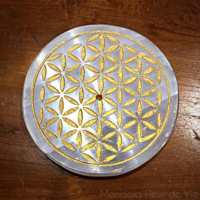 Porte Encens en Selenite grave Fleur de vie Or mandala fleur de vie 2