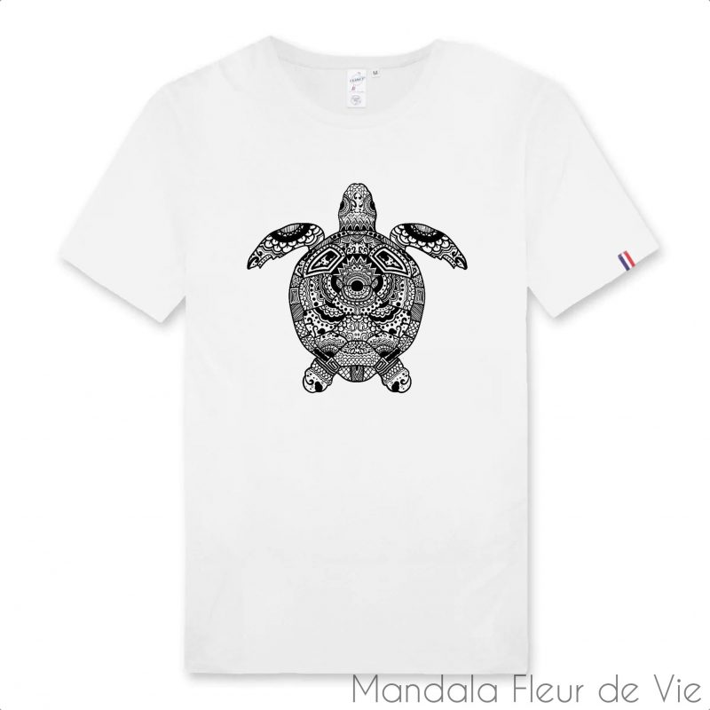 T Shirt Homme Mandala Tortue 100 Francais S Blanc mandala fleur de vie