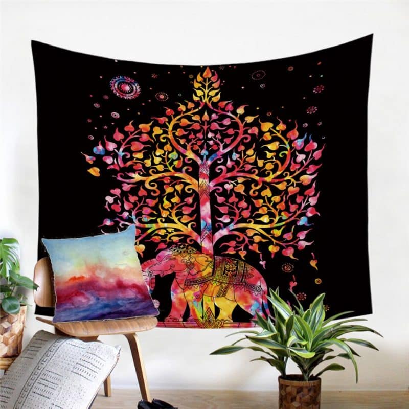 Tenture Murale Mandala Arbre de Vie Elephant 7 fond noir 130x150cm mandala fleur de vie