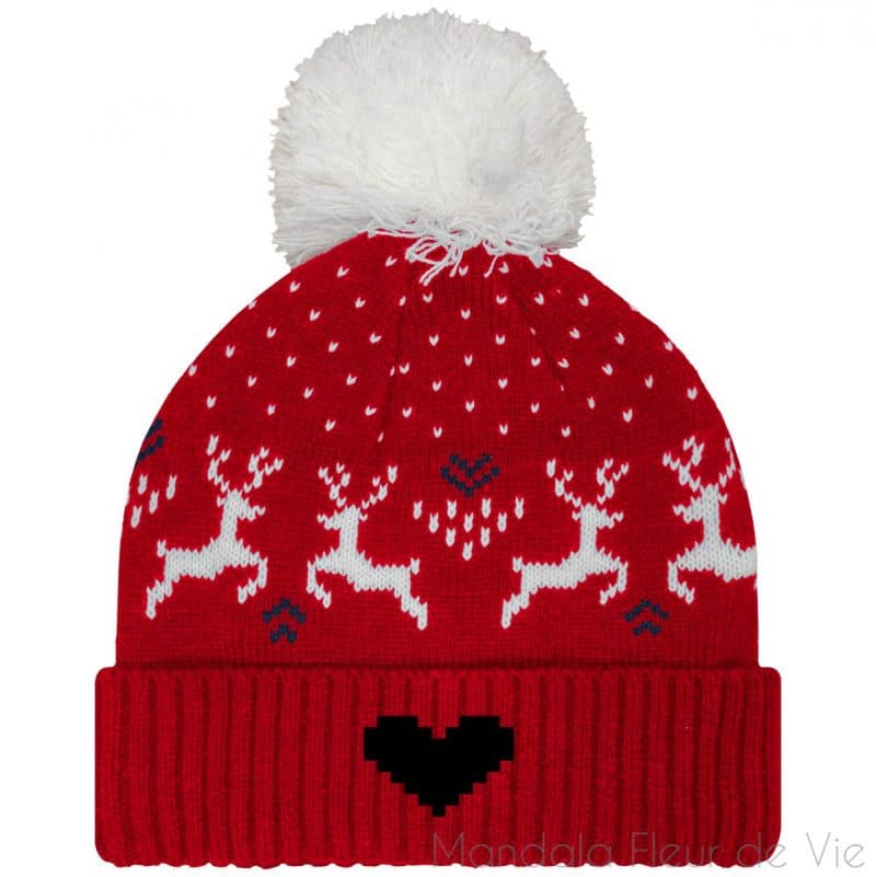 bonnet hiver avec motif rennes coeur cherry red natural tu mandala fleur de vie