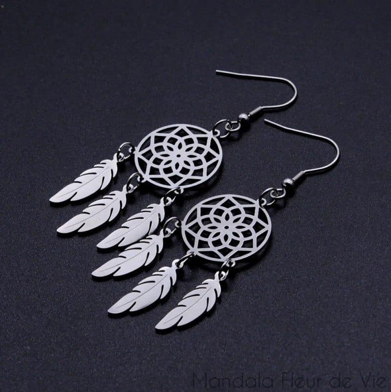 boucles doreilles attrape reve jn361 1 metal argente mandala fleur de vie 2