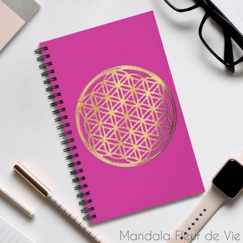 carnet motif fleur de vie or fond fushia pages lignees spiral notebook mandala fleur de vie 5