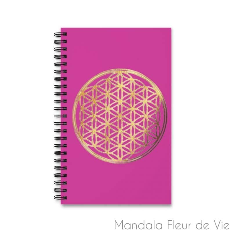 carnet motif fleur de vie or fond fushia pages lignees spiral notebook mandala fleur de vie