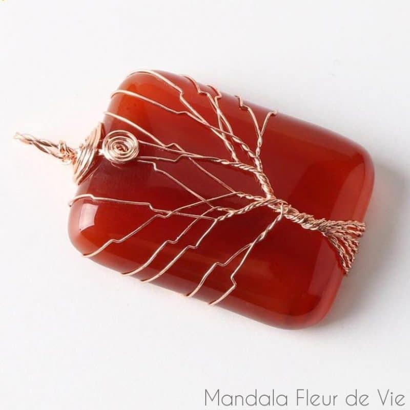 pendentif arbre de vie en pierre naturelle agate rouge mandala fleur de vie 8