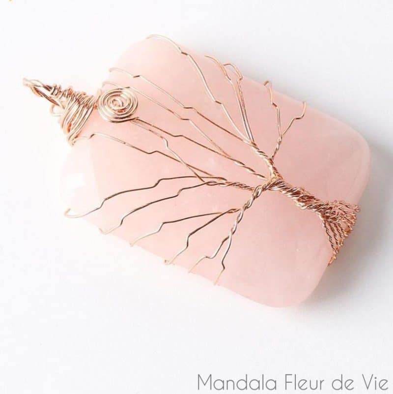 pendentif arbre de vie en pierre naturelle quartz rose mandala fleur de vie 9