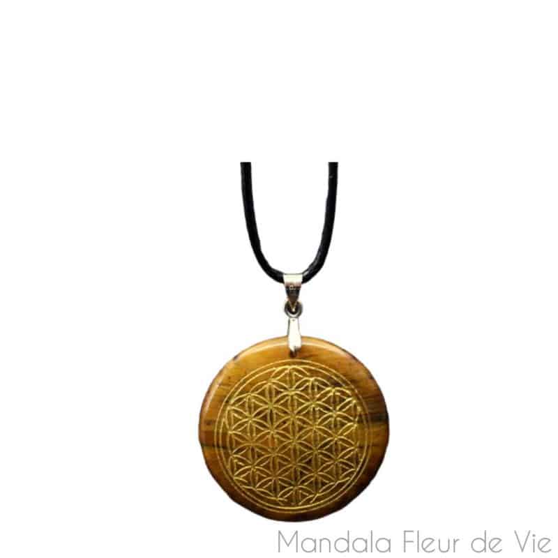 pendentif en pierre naturelle gravee fleur de vie oeil de tigre mandala fleur de vie 9