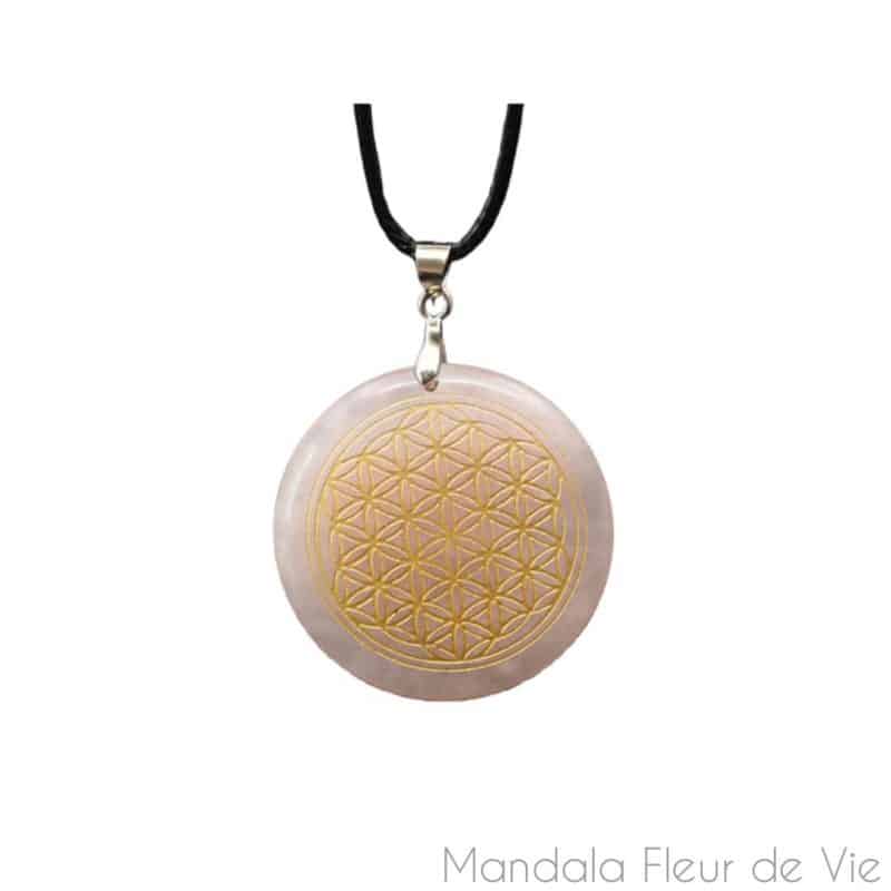 pendentif en pierre naturelle gravee fleur de vie quartz rose mandala fleur de vie 8