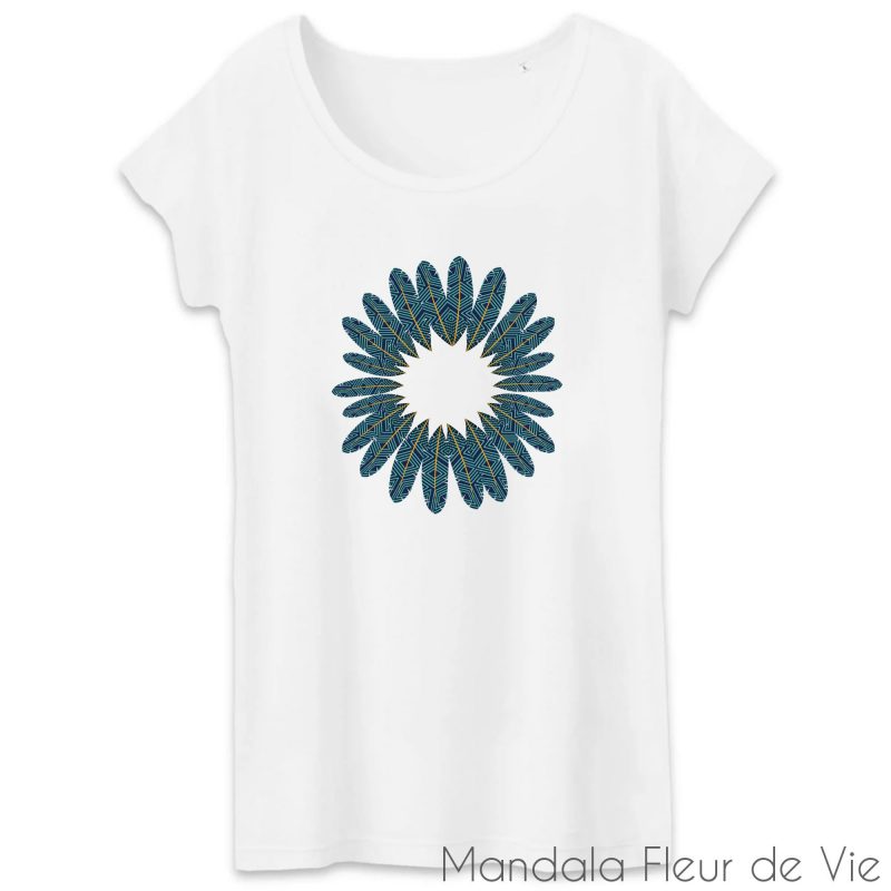 t shirt femme en coton bio mandala plumes xs blanc mandala fleur de vie 2