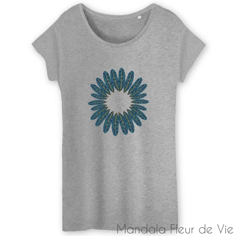 t shirt femme en coton bio mandala plumes xs gris mandala fleur de vie 3