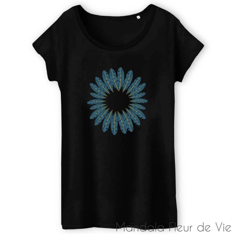 t shirt femme en coton bio mandala plumes xs noir mandala fleur de vie