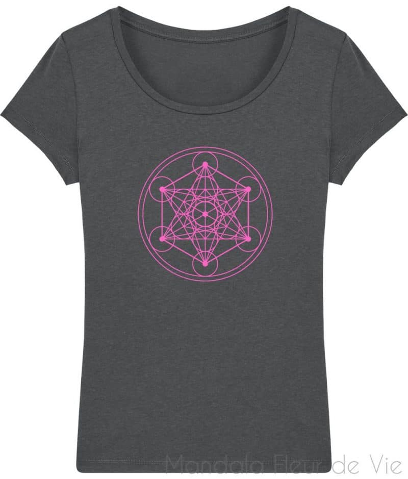 tee shirt femme cube de metatron rose anthracite xs mandala fleur de vie 3