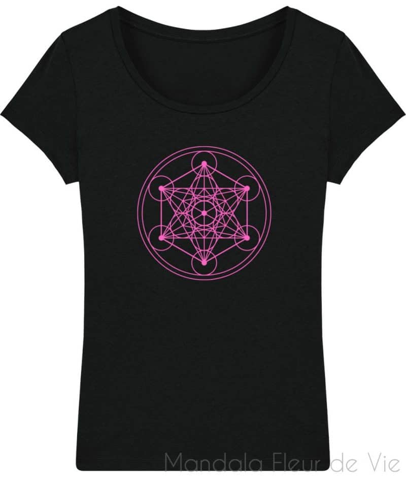 tee shirt femme cube de metatron rose black xs mandala fleur de vie