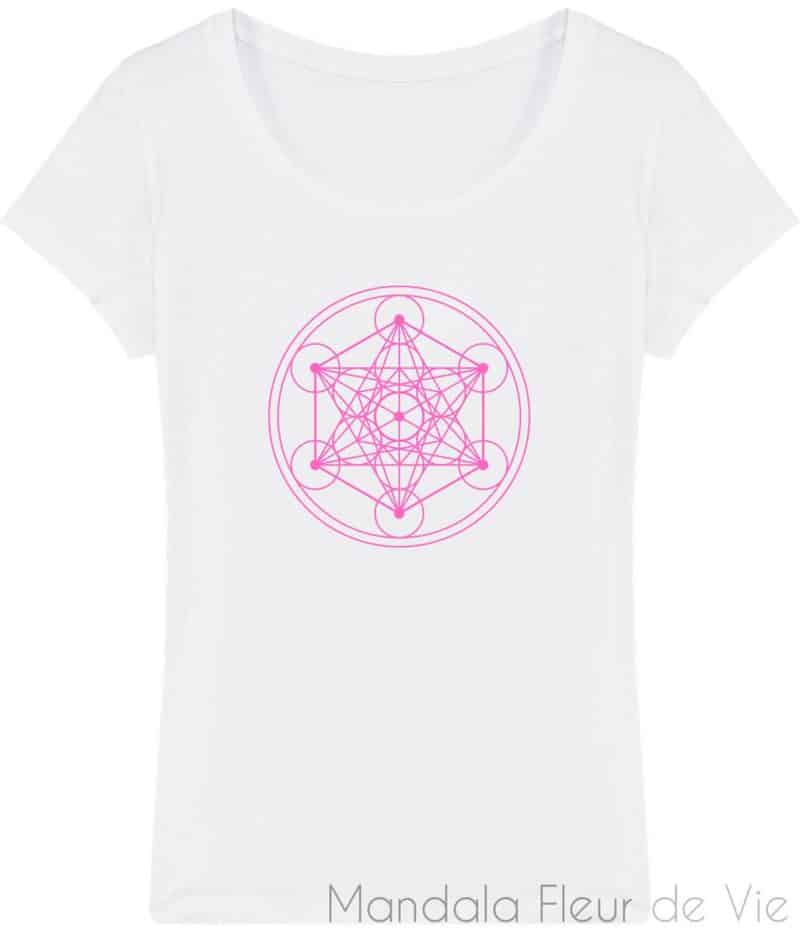 tee shirt femme cube de metatron rose white xs mandala fleur de vie 2