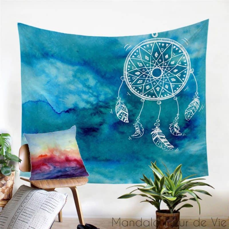 tenture murale attrape reves bleu ocean 130x150cm blue mandala fleur de vie